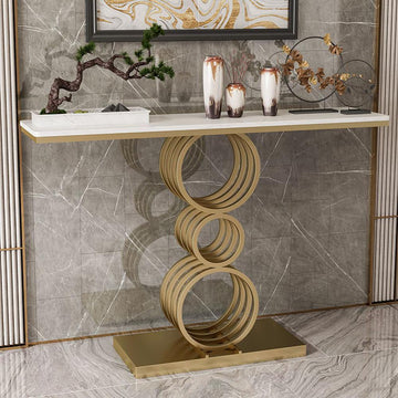 White Narrow Console Table Marble Top Entryway Table with Metal Base